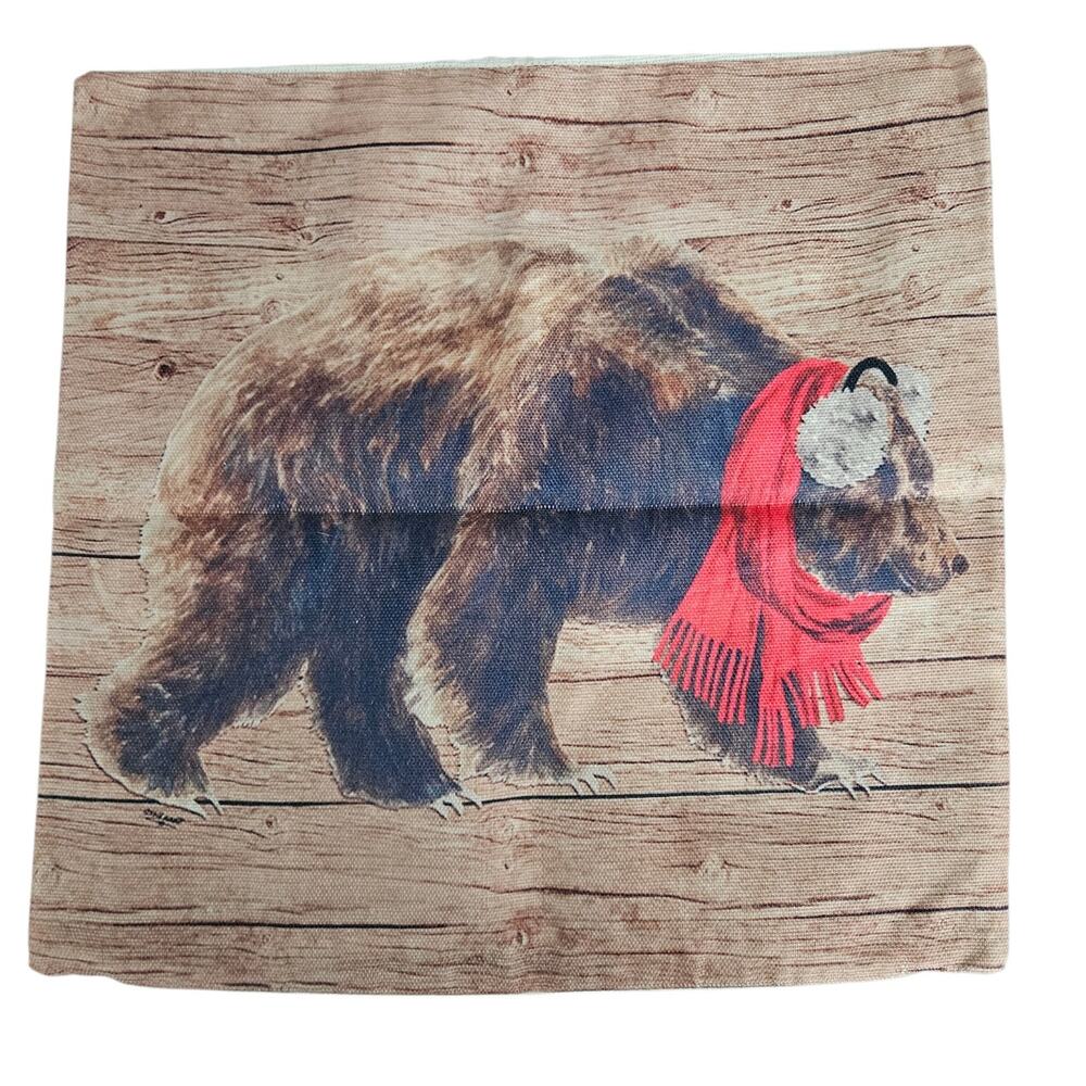 Christmas Bear Red Scarf Rustic Canvas Throw Pillow Cover Farmhouse Woodland